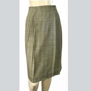 Vtg 90s Preppy Valerie Stevens Pure Wool Khaki Glen Plaid Knee Pencil Skirt 10